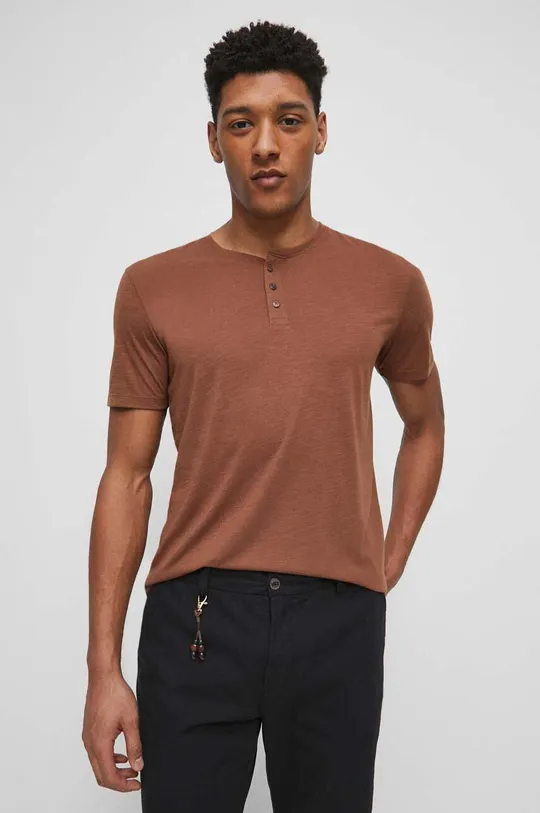 brązowy T-shirt lniany gładki kolor brązowy Męski