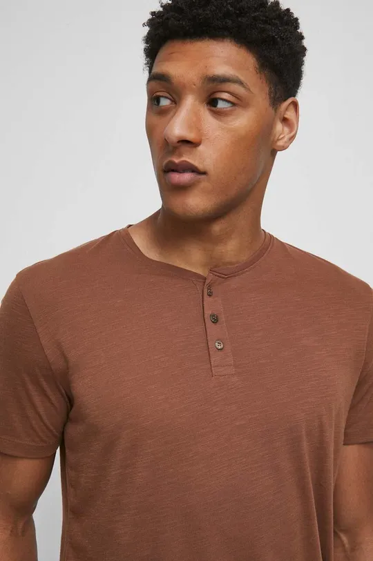 brązowy T-shirt lniany gładki kolor brązowy