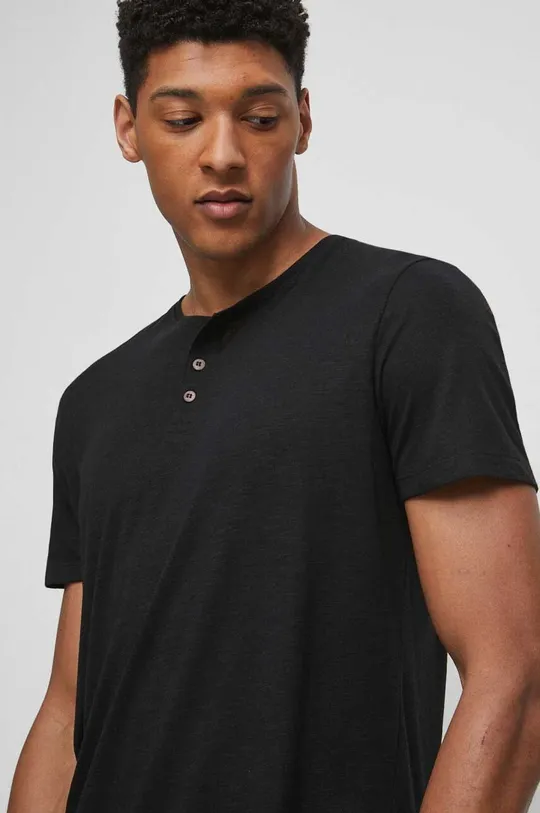 czarny T-shirt lniany gładki kolor czarny Męski