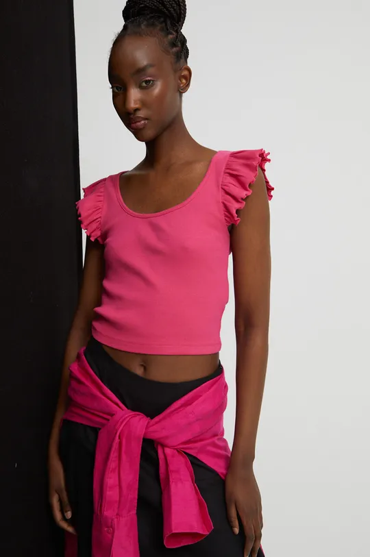 różowy T-shirt bawełniany damski prążkowany z domieszką elastanu kolor różowy Damski
