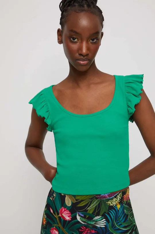 zielony T-shirt bawełniany damski prążkowany z domieszką elastanu kolor zielony