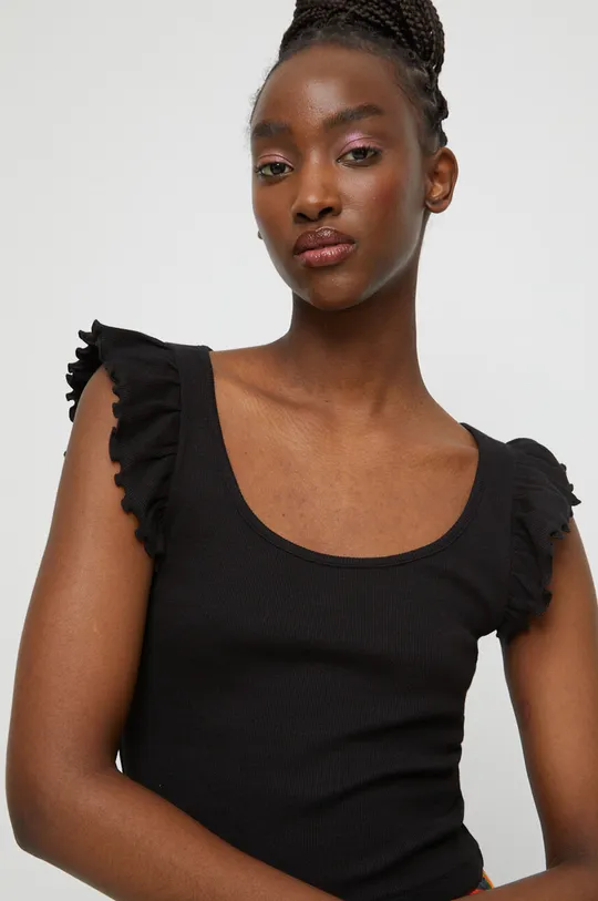 czarny T-shirt bawełniany damski prążkowany z domieszką elastanu kolor czarny