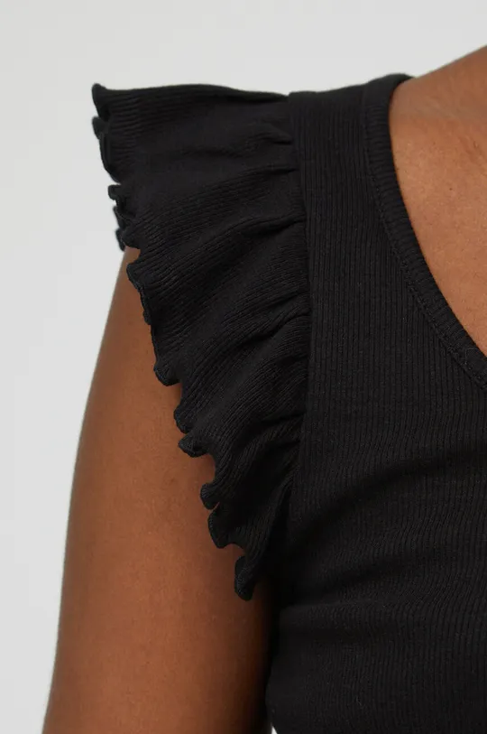 T-shirt bawełniany damski prążkowany z domieszką elastanu kolor czarny Damski