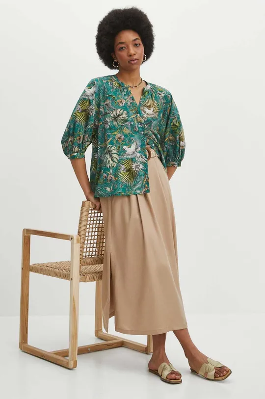 Bluzka bawełniana damska oversize wzorzysta kolor turkusowy turkusowy