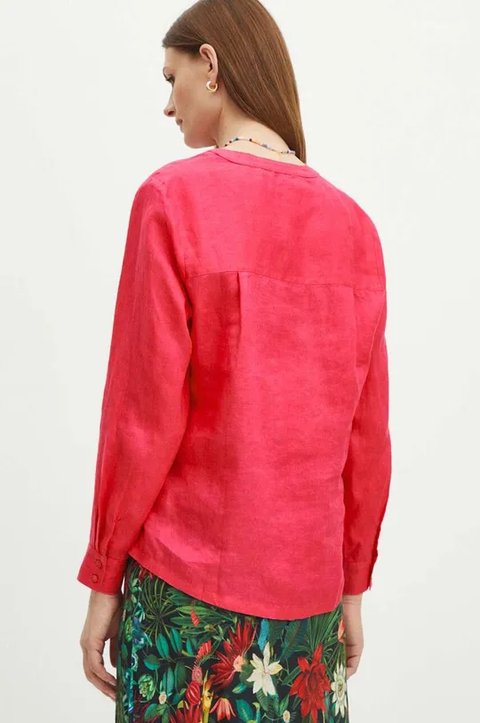 Bluzka lniana damska regular gładka kolor różowy 100 % Len