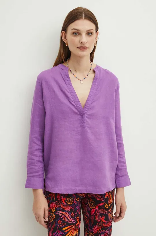Bluzka lniana damska regular gładka kolor fioletowy fioletowy