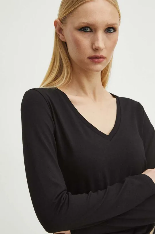černá Bavlněné tričko s dlouhým rukávem dámské s příměsí elastanu černá barva