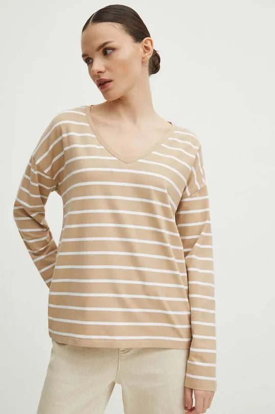 béžová Bavlnené tričko s dlhým rukávom dámske s elastanom béžová farba Dámsky