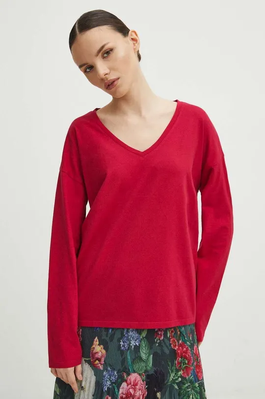 Bavlnené tričko s dlhým rukávom dámske s elastanom hladké ružová farba ružová