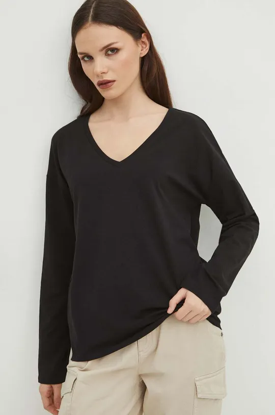 Bavlnené tričko s dlhým rukávom dámske s elastanom hladké čierna farba čierna