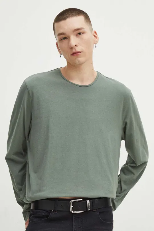 Bavlnené tričko s dlhým rukávom pánsky zelená farba zelená