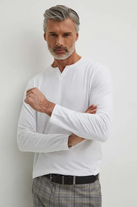 biela Bavlnené tričko s dlhým rukávom pánsky biela farba Pánsky