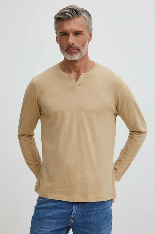 béžová Bavlnené tričko s dlhým rukávom pánsky béžová farba Pánsky