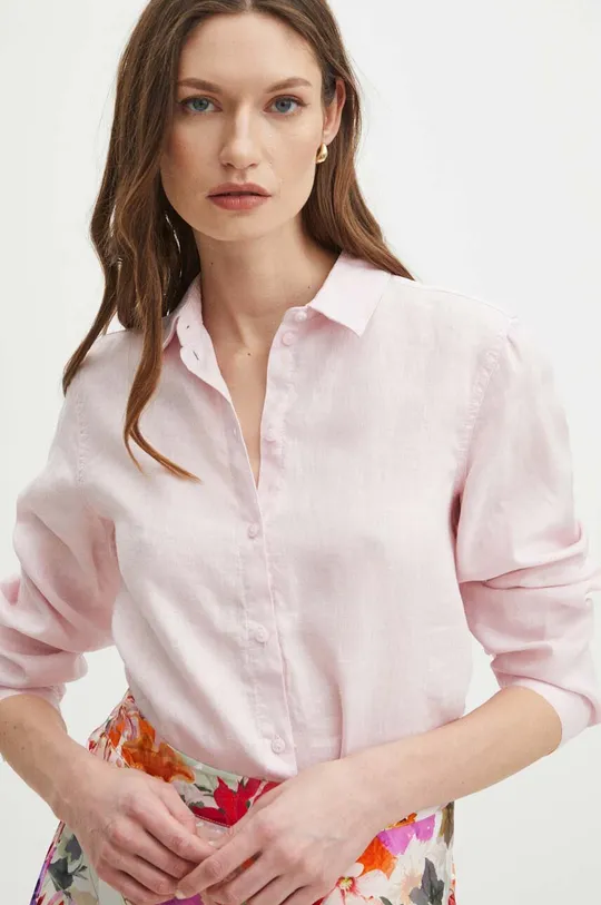 Koszula lniana damska regular gładka kolor różowy różowy