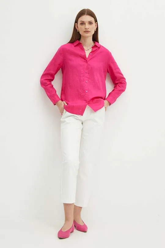 Lněná košile dámská regular jednobarevná růžová barva růžová