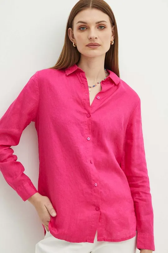 růžová Lněná košile dámská regular jednobarevná růžová barva