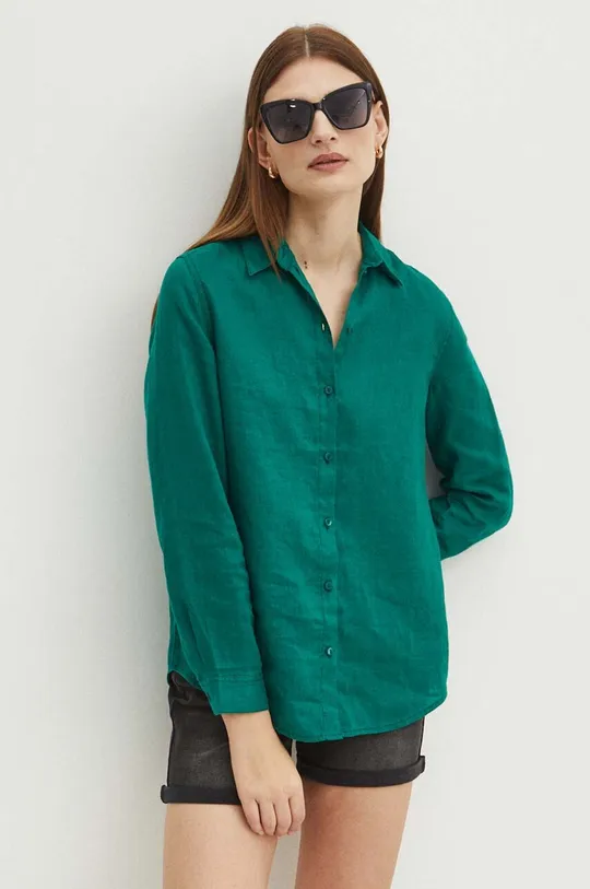 zielony Koszula lniana damska regular gładka kolor zielony
