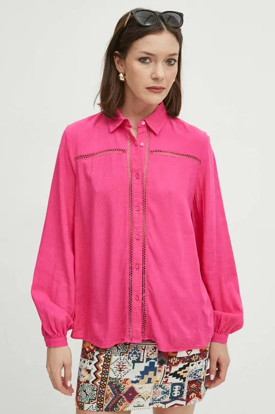 różowy Koszula z domieszką lnu damska regular kolor różowy