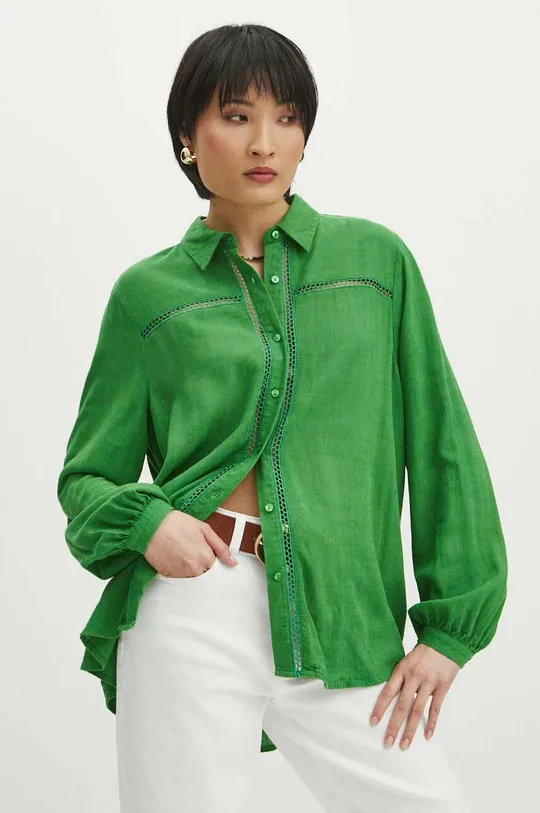 Koszula z domieszką lnu damska regular kolor zielony zielony