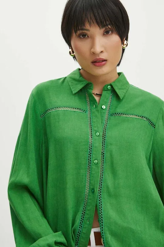 zelená Košeľa s prímesou ľanu dámska zelená farba