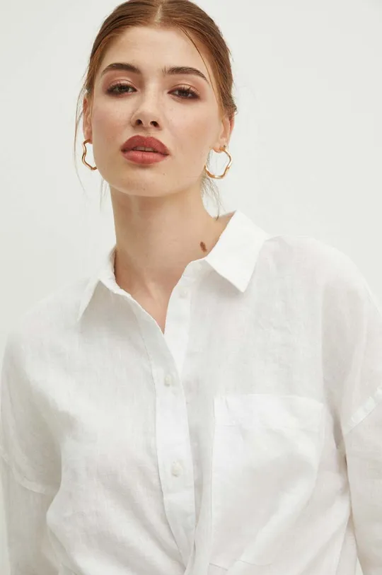 Lněná košile dámská oversize jednobarevná bílá barva Dámský