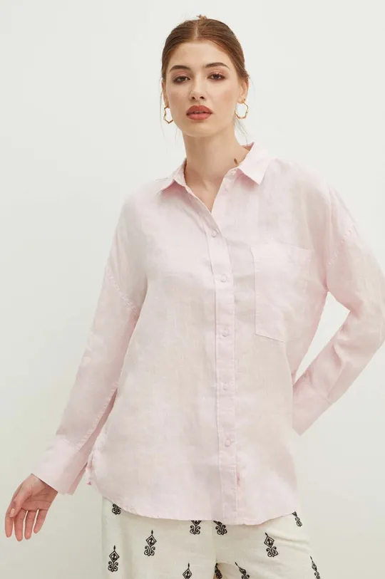 ružová Ľanová košeľa dámska oversize hladká ružová farba