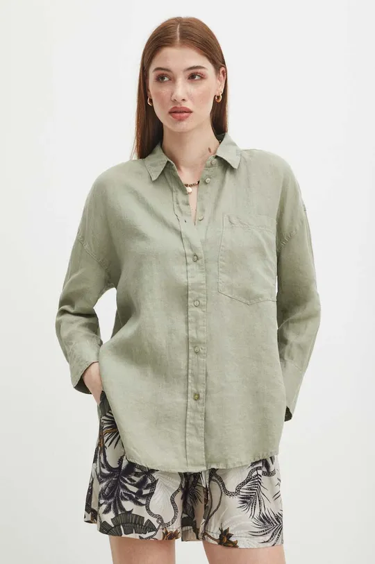 zelená Lněná košile dámská oversize jednobarevná zelená barva Dámský
