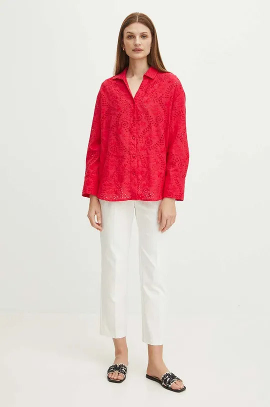 Bavlnená košeľa dámska oversize ažúrová s ozdobnou výšivkou ružová farba ružová