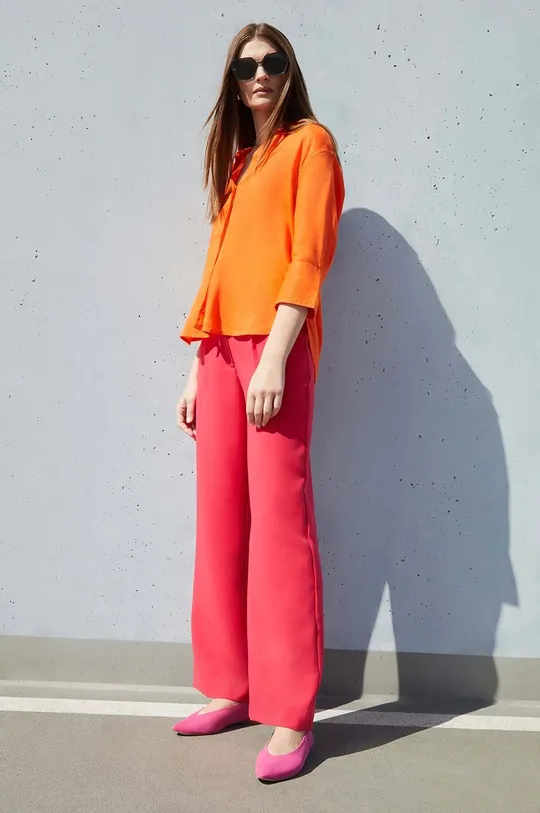 oranžová Ľanová košeľa dámska oversize hladká oranžová farba Dámsky