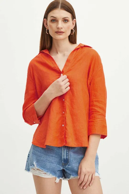 Koszula lniana damska oversize gładka kolor pomarańczowy pomarańczowy