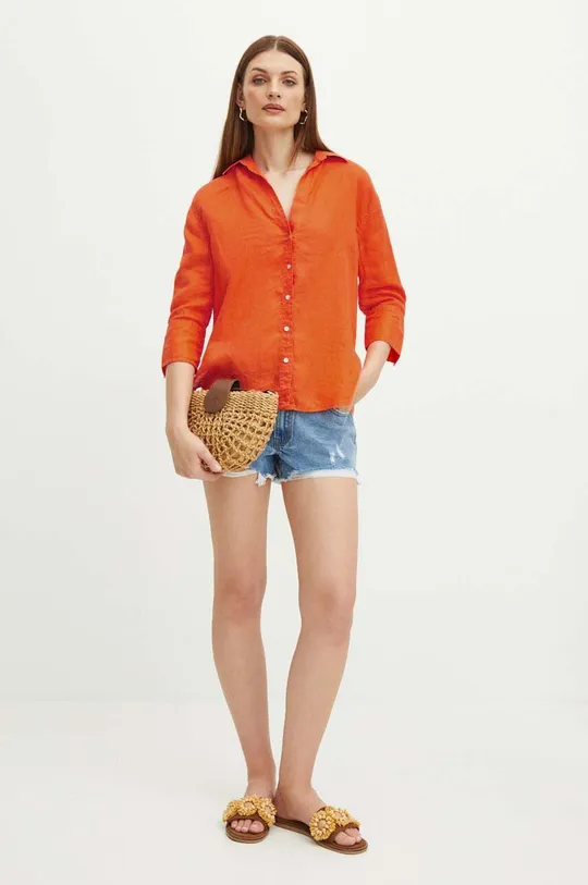Koszula lniana damska oversize gładka kolor pomarańczowy 100 % Len