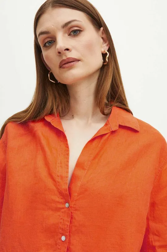 Lněná košile dámská oversize jednobarevná oranžová barva Dámský
