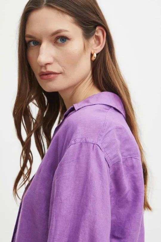 fioletowy Koszula lniana damska oversize gładka kolor fioletowy