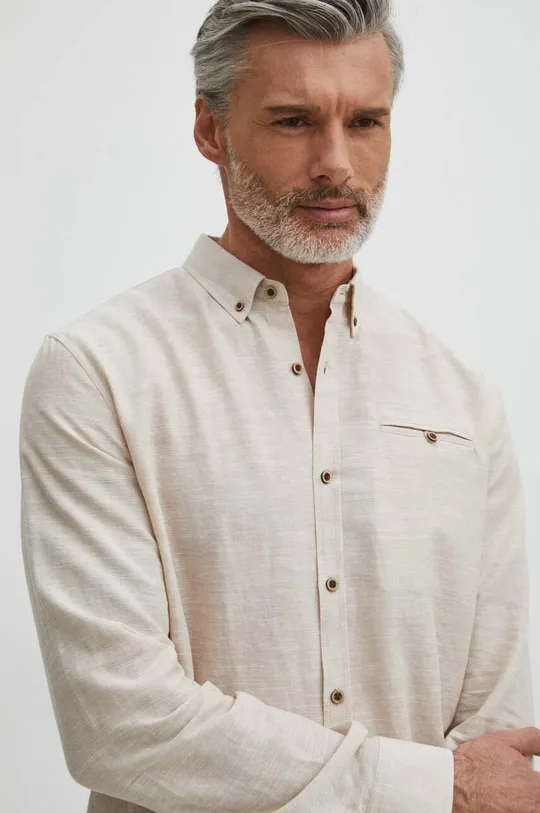 Ľanová košeľa pánska s golierom button-down béžová farba Pánsky