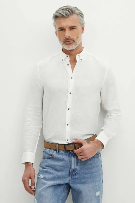 biały Koszula lniana męska z kołnierzykiem button-down kolor biały