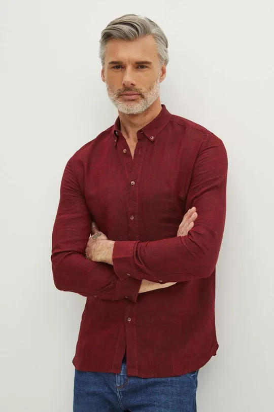 burgundské Ľanová košeľa pánska bordová farba Pánsky