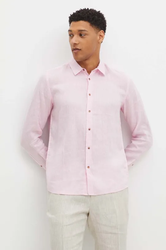 růžová Lněná košile pánská s klasickým límečkem jednobarevná růžová barva Pánský