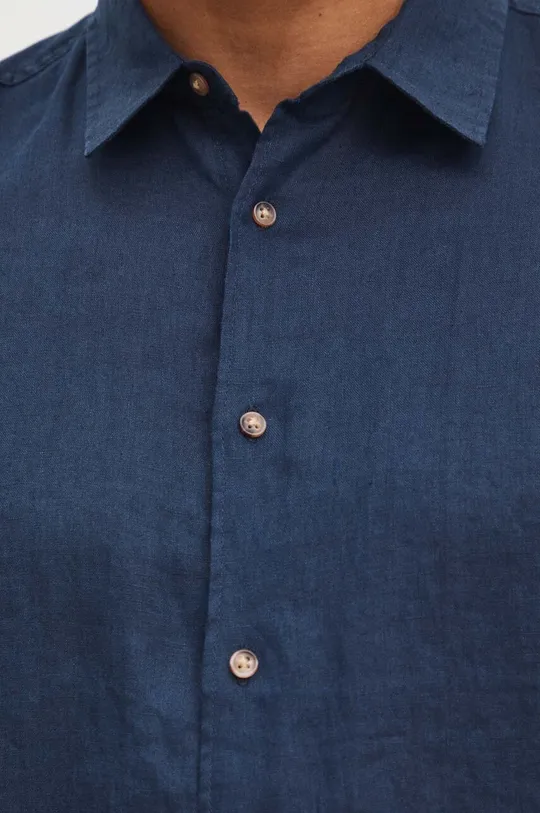 Lněná košile pánská s klasickým límcem jednobarevná tmavomodrá barva námořnická modř