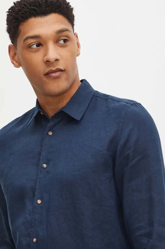 Lněná košile pánská s klasickým límcem jednobarevná tmavomodrá barva Pánský