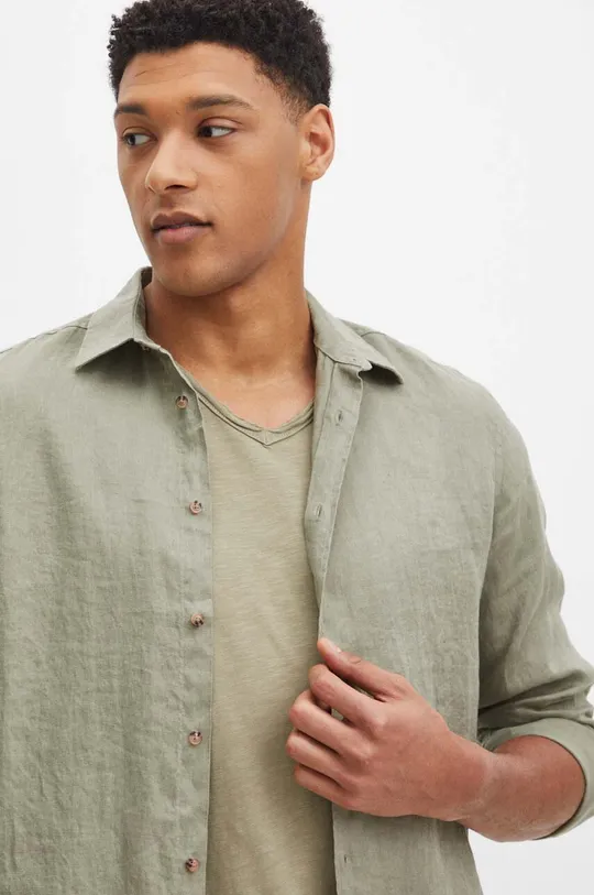 Lněná košile pánská s klasickým límečkem jednobarevná zelená barva Pánský
