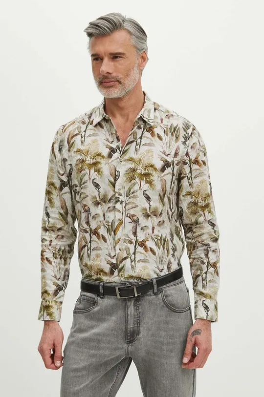 béžová Ľanová košeľa pánska s klasickým golierom so vzorom béžová farba