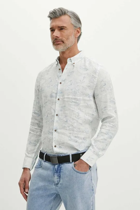 biela Ľanová košeľa pánska s golierom button-down so vzorom biela farba Pánsky