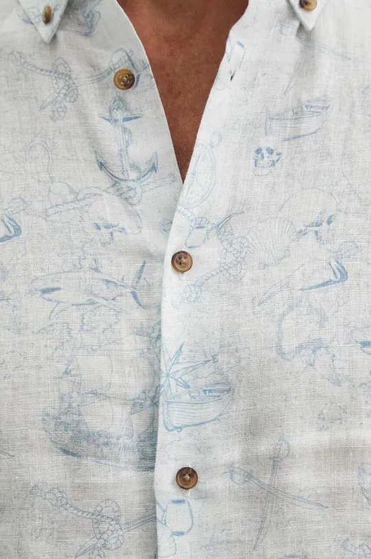 Koszula lniana męska z kołnierzykiem button-down wzorzysta kolor biały Męski