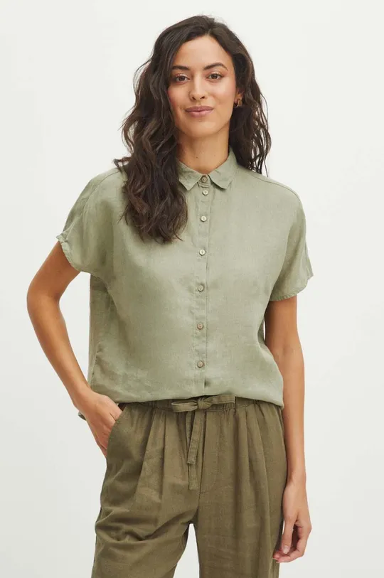 zelená Lněná košile dámská regular jednobarevná zelená barva Dámský