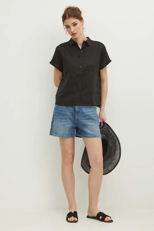 Lněná košile dámská regular jednobarevná černá barva černá