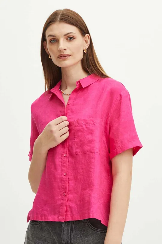 różowy Koszula lniana damska oversize gładka kolor różowy