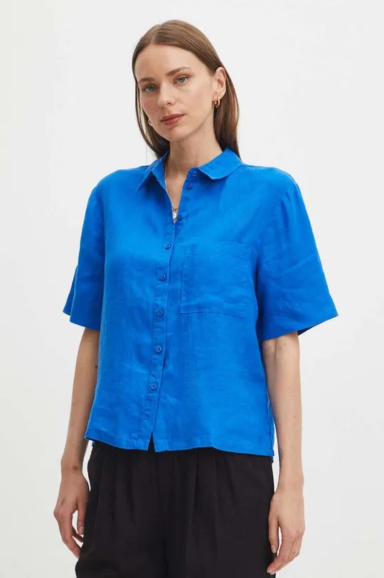 niebieski Koszula lniana damska oversize gładka kolor niebieski Damski