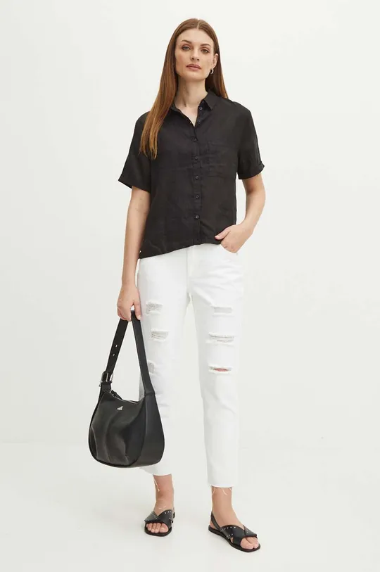 Lněná košile dámská oversize jednobarevná černá barva černá