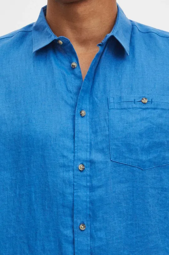 Koszula lniana męska z kołnierzykiem klasycznym gładka kolor niebieski niebieski