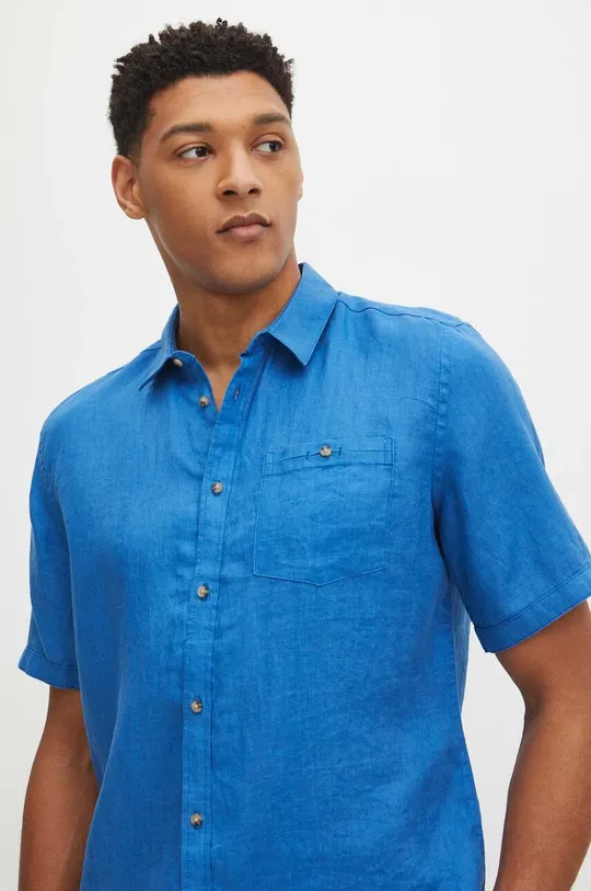 Ľanová košeľa pánska s klasickým golierom hladká modrá farba Pánsky